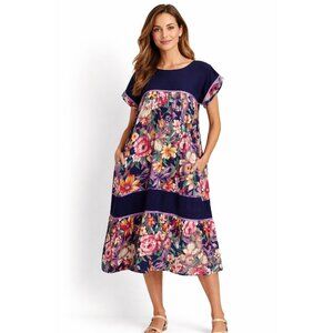 Krist Gudnason Floral Midi Dress w Pockets Cottagecore Tiered Navy
